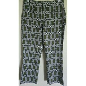 Anthropologie Geometric Print Cropped Pants Olive Green White‎ Blue Size 10p